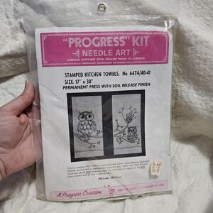 Vntg Needle Art Progress Creation Kit Stamped Kitchen Towels No. 6474/40-41 Owls